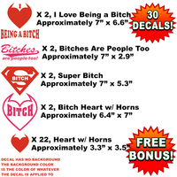 Bulk Wholesale Lot of 30 Bitch Pride Decals, Stickers, Funny, Super Hearts with Horns
