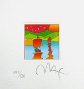 Great Peter Max Hand Signed w/COA Two Sailboats with Stars Ltd Ed 4.875" x 4.5"