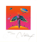 Splendid Peter Max SIGNED with COA  Angel with Saturn Ltd Ed Litho 3.5" x 3"