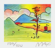 Peter Max Hand Signed w/ COA Tree with Sailboat Ltd Ed Litho 2.75" x 3.125"