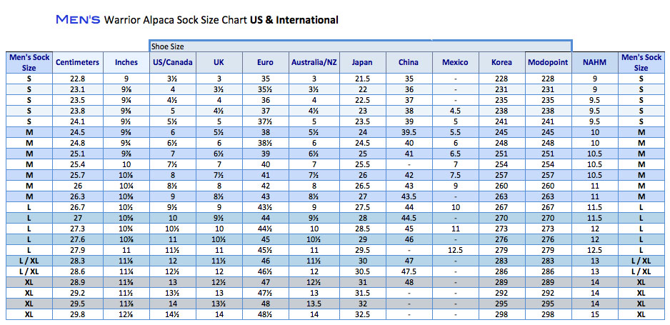 Mens Sock Sizes Chart