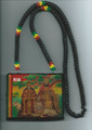 Red, Green & Gold : 30" Selassie On The Throne Necklace & Wooden Pendant (Super Large Size)