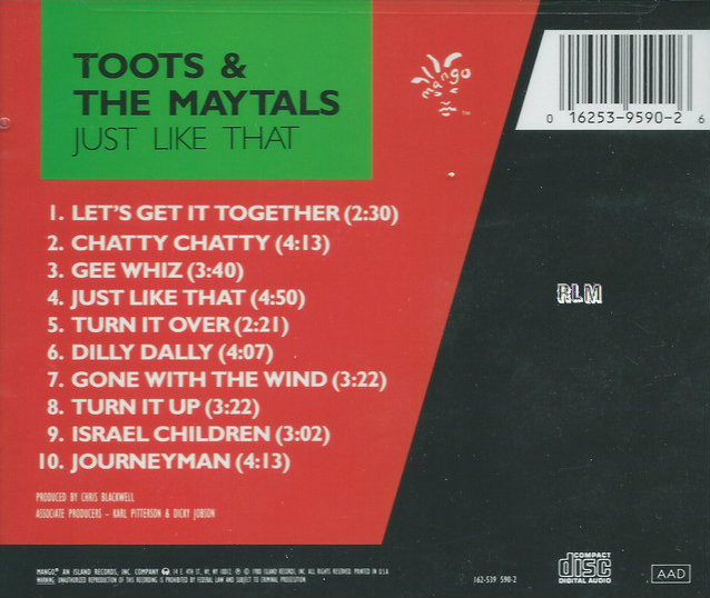 Toots & The Maytals : Just Like That CD - Reggae Land Muzik Store