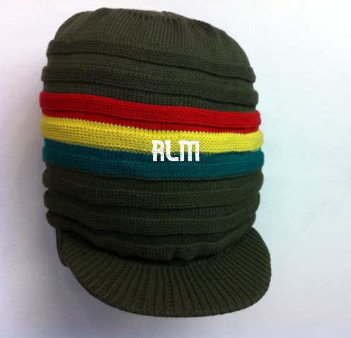 LARGE KNITTED PEAKED RASTA HAT BLACK NAVY OLIVE RED GREY GREEN YELLOW 