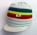 Knitted Large Peak Hat - White/Rasta Colors (Ribbed)