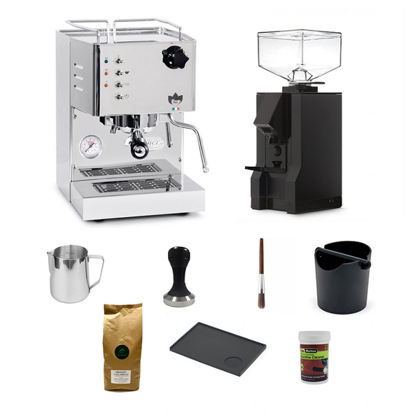 Quick Mill Pippa Stainless Espresso Machine and Eureka Manuale Black package