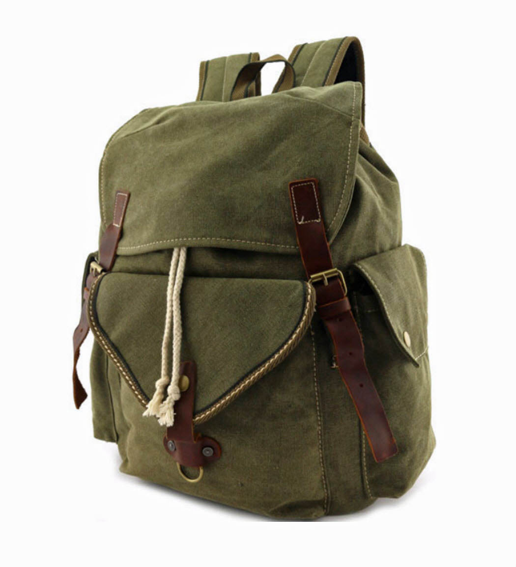 green canvas backpack with leather straps