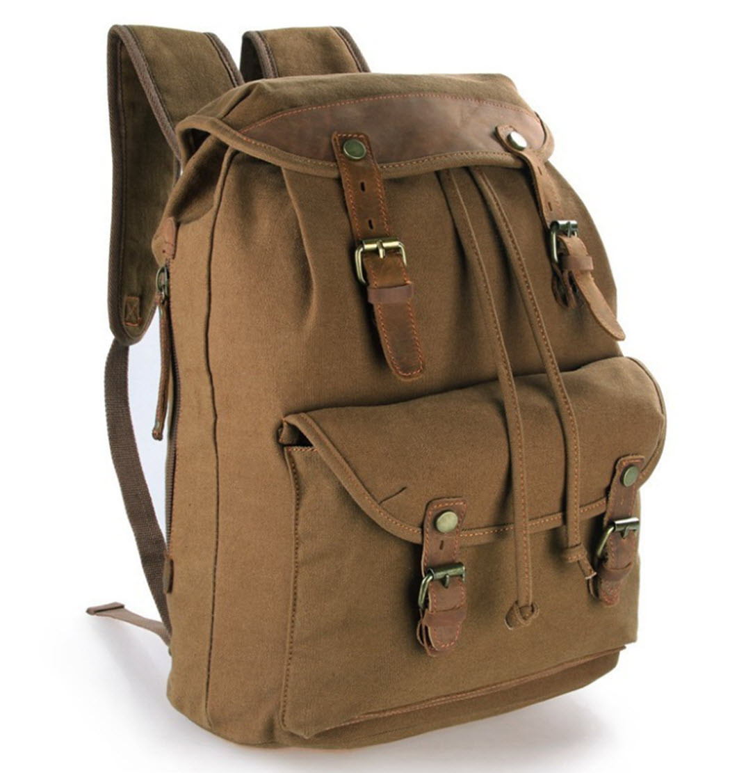 Brown /"Central Park/" Vintage Canvas /& Leather Rugged Day Backpack