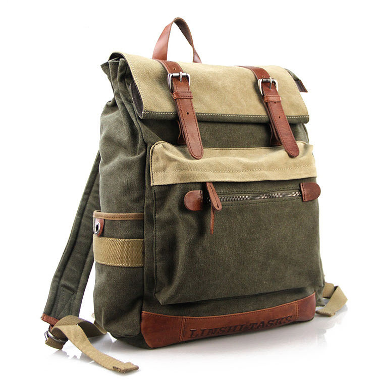 Linshi Tasks Men&#39;s Multicolored Canvas Backpack with Leather Straps - 0