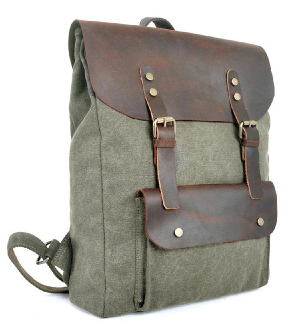 green canvas backpack with leather straps