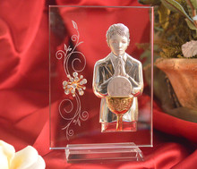 Large Italian Silver First Communion Boy Icon On A Glass Stand With Swarovski Crystals 