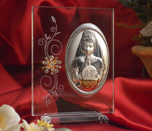 Large Italian Silver First Communion Girl Icon On A Glass Stand With Swarovski Crystals 