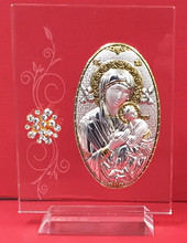 Italian Silver Our Lady of Perpetual Help icon on a glass stand with Swarovski Crystals