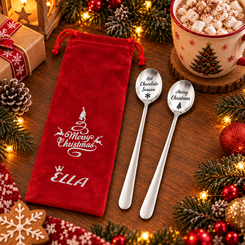 Set of 2 Christmas Greeting Long-Handle Spoons with Velvet Gift Pouch 9674