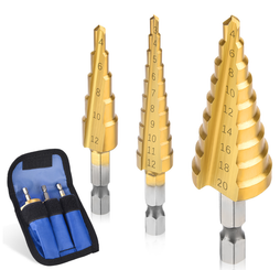Step Drill 3-12/4-12/4-20 HSS Straight Groove Step Drill Bit Titanium Coated Wood Metal Hole Cutter Cone Drill Drilling Power Tools for Drilling 3pcs 