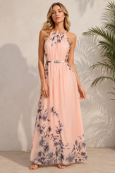 Women's Floral Halter Maxi Dress with Belt Lightweight Summer Dress 9994