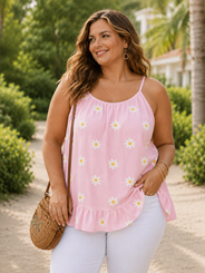 Plus Size Daisy Print Chiffon Swing Top Lightweight Summer Vest 1060