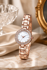 Luxury Crystal Bezel Mother-of-Pearl Ladies Quartz Watch Rose Gold 9051