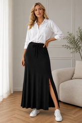 NEW 2606  Women's Stretch Knit Maxi Skirt with Side Split Black Y161