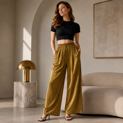 Antique Gold Women’s Ice Silk Cooling Wide-Leg Pants – Light & Comfortable   Y206