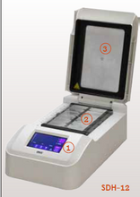 MRC Labs SDH -12 showing,
1. Touch screen operation, easy to use,
2. 12 slides with superior temperature uniformity,
3. Uniform temperature and humudity is achieved by tight sealed heating lids.