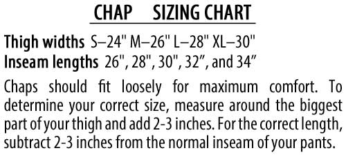 Briarproof Snake Protector Chaps Sizing chart