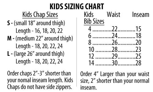 Kid's Sizing chart for Dan's Hunting Gear hunting clothes
