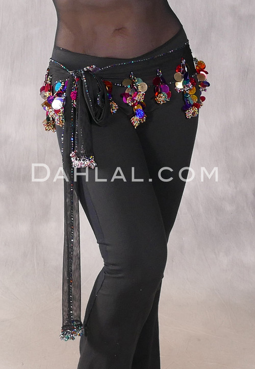Black Net Egyptian Hip Scarf with Beads and Paillettes - Multi-color