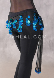 Black Net Egyptian Hip Scarf with Beads and Paillettes - Turquoise