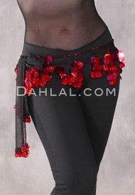 Black Net Egyptian Hip Scarf with Beads and Paillettes - Red