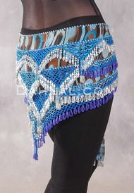 Egyptian Deep V Beaded Hip Wrap and Teardrop Beads - Graphic Print with Royal Blue Iris, Silver and Turquoise