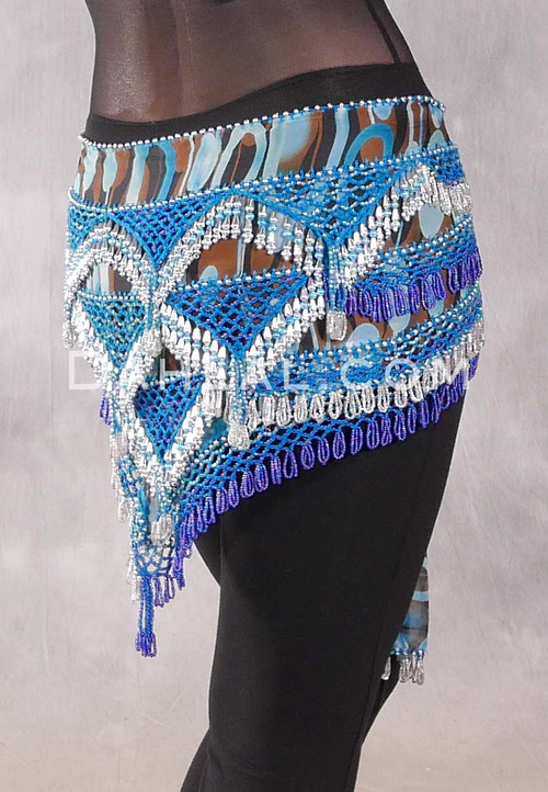Egyptian Deep V Beaded Hip Wrap and Teardrop Beads - Graphic Print with Royal Blue Iris, Silver and Turquoise