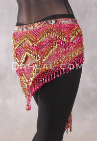 Egyptian Deep V Beaded Hip Wrap and Teardrop Beads - Graphic Print with Gold and Red
