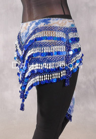 Deep V Beaded Paillette Egyptian Hip Scarf - Graphic Print with Royal Blue and Silver 