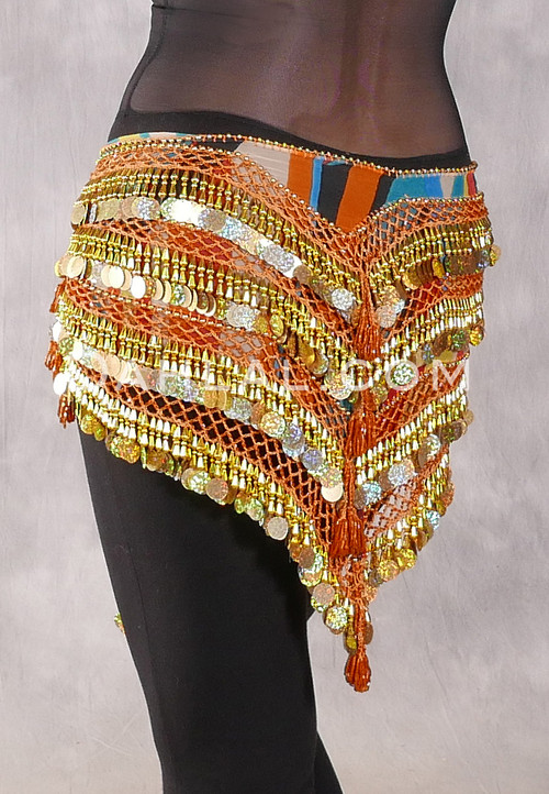 Deep V Beaded Paillette Egyptian Hip Scarf - Stripe with Orange and Gold