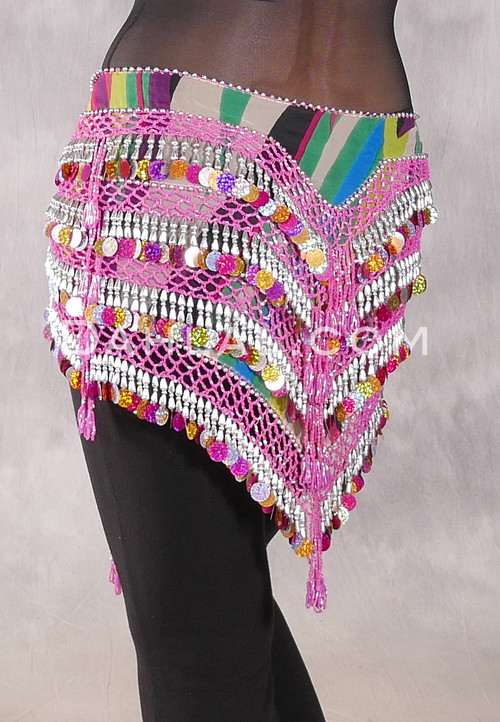 Deep V Beaded Paillette Egyptian Hip Scarf - Stripe with Fuchsia, Gold and Silver