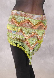 Egyptian Deep V Beaded Hip Wrap and Teardrop Beads - Graphic Print with Gold, Olive, Yellow and Salmon