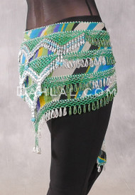 Egyptian Deep V Beaded Hip Wrap and Teardrop Beads - Stripe with Silver, Green and Turquoise