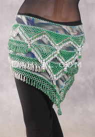 Egyptian Deep V Beaded Hip Wrap and Teardrop Beads - Graphic Print with Green and Silver