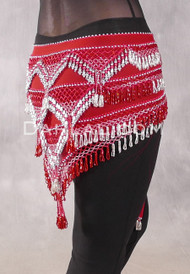 Egyptian Deep V Beaded Hip Wrap and Teardrop Beads - Red with Red and Silver