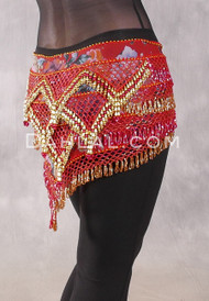 Egyptian Deep V Beaded Hip Wrap and Teardrop Beads - Floral with Gold and Red