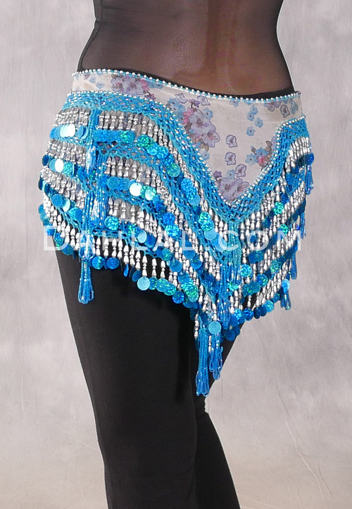 Deep V Beaded Paillette Egyptian Hip Scarf - Floral with Silver and Turquoise