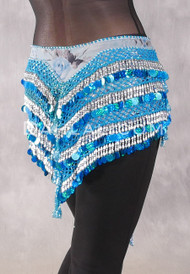 Deep V Beaded Paillette Egyptian Hip Scarf - Floral with Silver and Turquoise Iris #2