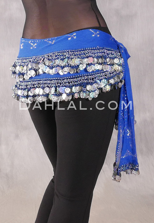 Assuit Beaded Coin and Paillette Egyptian Hip Scarf - Royal Blue and Silver