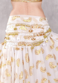 Beaded 3-Row Egyptian Chiffon Hip Scarf -- White and Gold