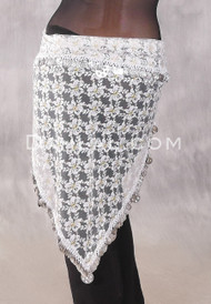 Single Row Egyptian Coin Hip Scarf with Multi-size Coins - White and Gold with Silver