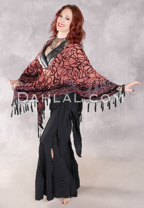 SPIDER WEB Burnout Velvet Open Poncho - Dusty Light Red and Black