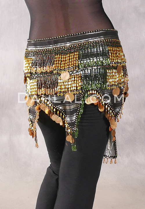 Teardrop Fringe Wave Egyptian Hip Scarf with Coins - Metallic Stripe with Green and Gold
