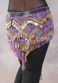 Egyptian Deep V Beaded Hip Wrap and Teardrop Beads and Coins - Floral with Orchid and Gold