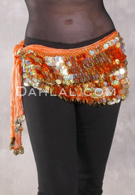 DENDERA Two Layer Paillette and Coin Egyptian Hip Scarf - Light Orange with Gold
